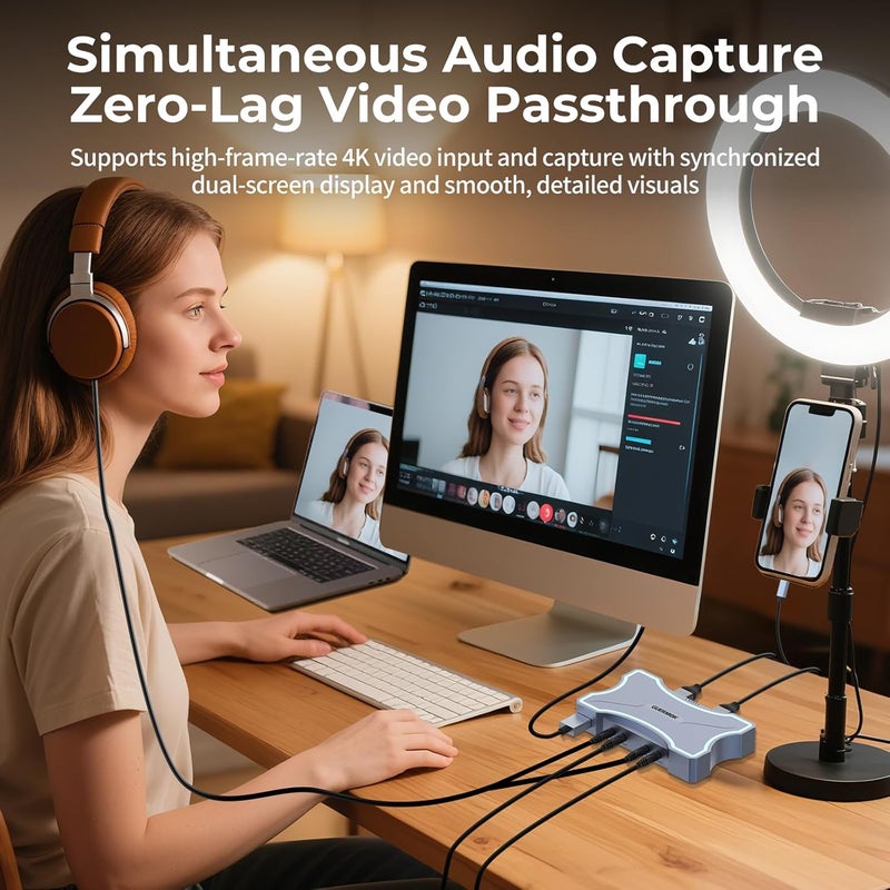 Guermok 4K HDMI Capture Card with Touch LED, Dual HDMI in/Loop-Out, USB 3.0, 4K@60Hz/ 2K@144Hz Video Capture, Mic/Line in, 4K60 Passthrough, Efficient Cooling, Streaming and Gaming for Switch2/1 - Image 4